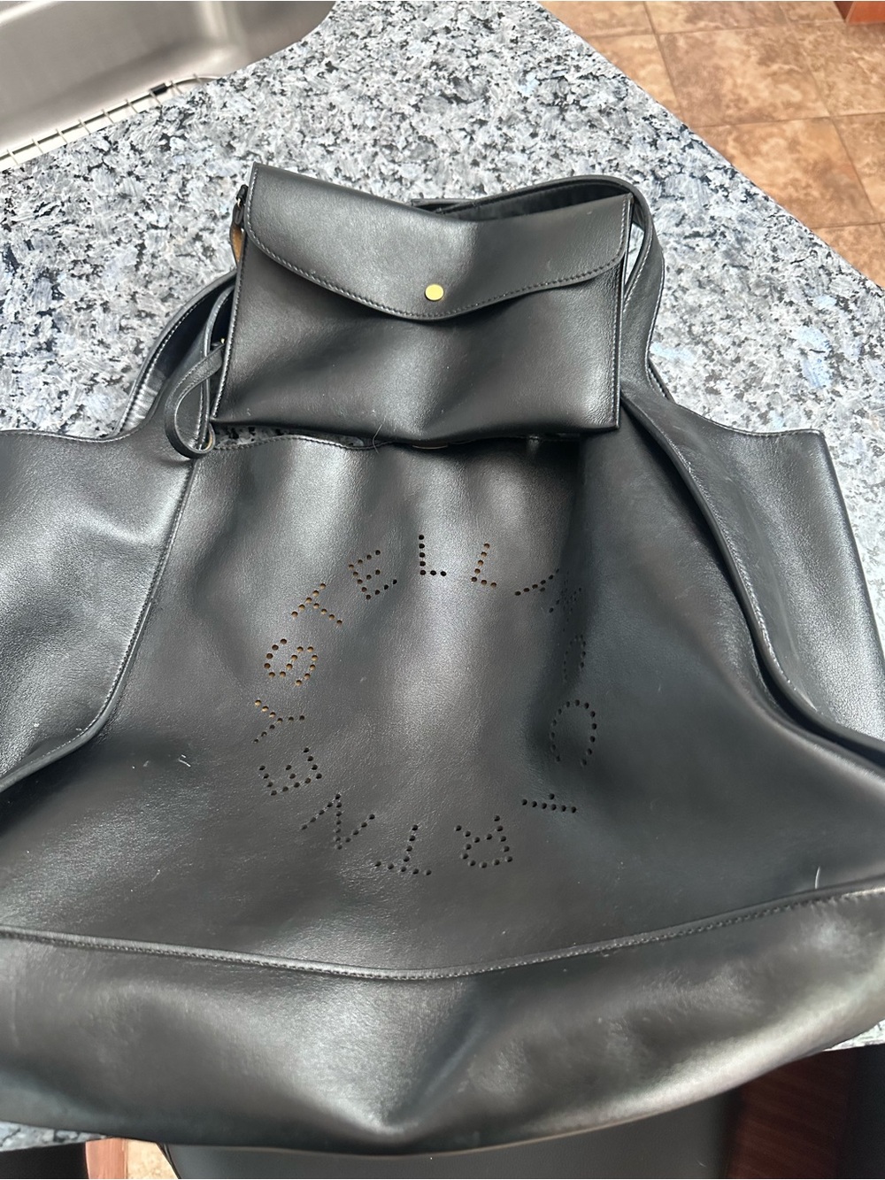 Stella McCartney Black Perforated Logo Shoulder Tote with Pouch